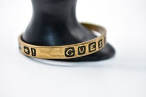 Vintage Guess Bangle Bracelet Block Letter Logo Bronze Metal Heart 1990s BinD